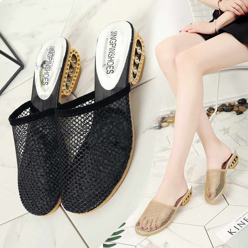 Women Casual Mesh Middle-Heel Sandals Breathable Hollow Slippers Large 35-43