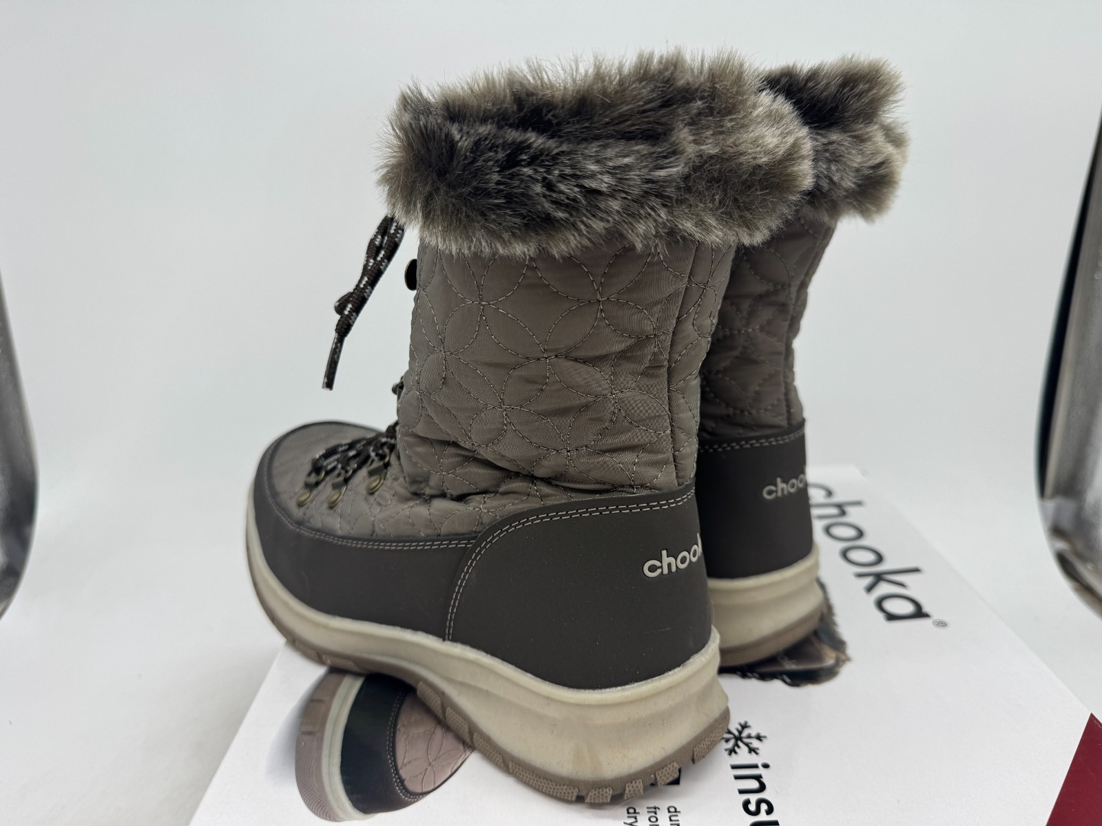Chooka Insulated Belltown Mid Faux Fur Winter Boots Women’s Taupe Lace Up – 7