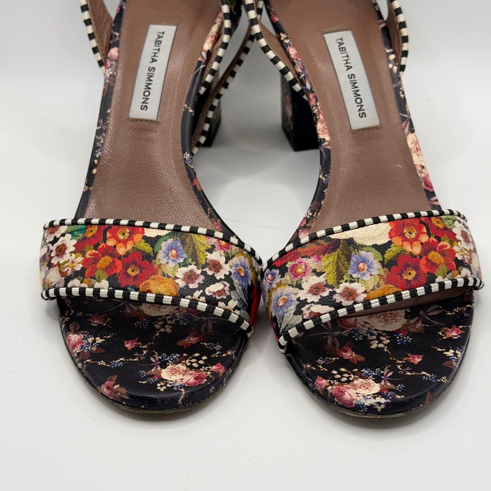 Tabitha Simmons Leticia Floral Block Heel Sandals Striped Trim Size 37