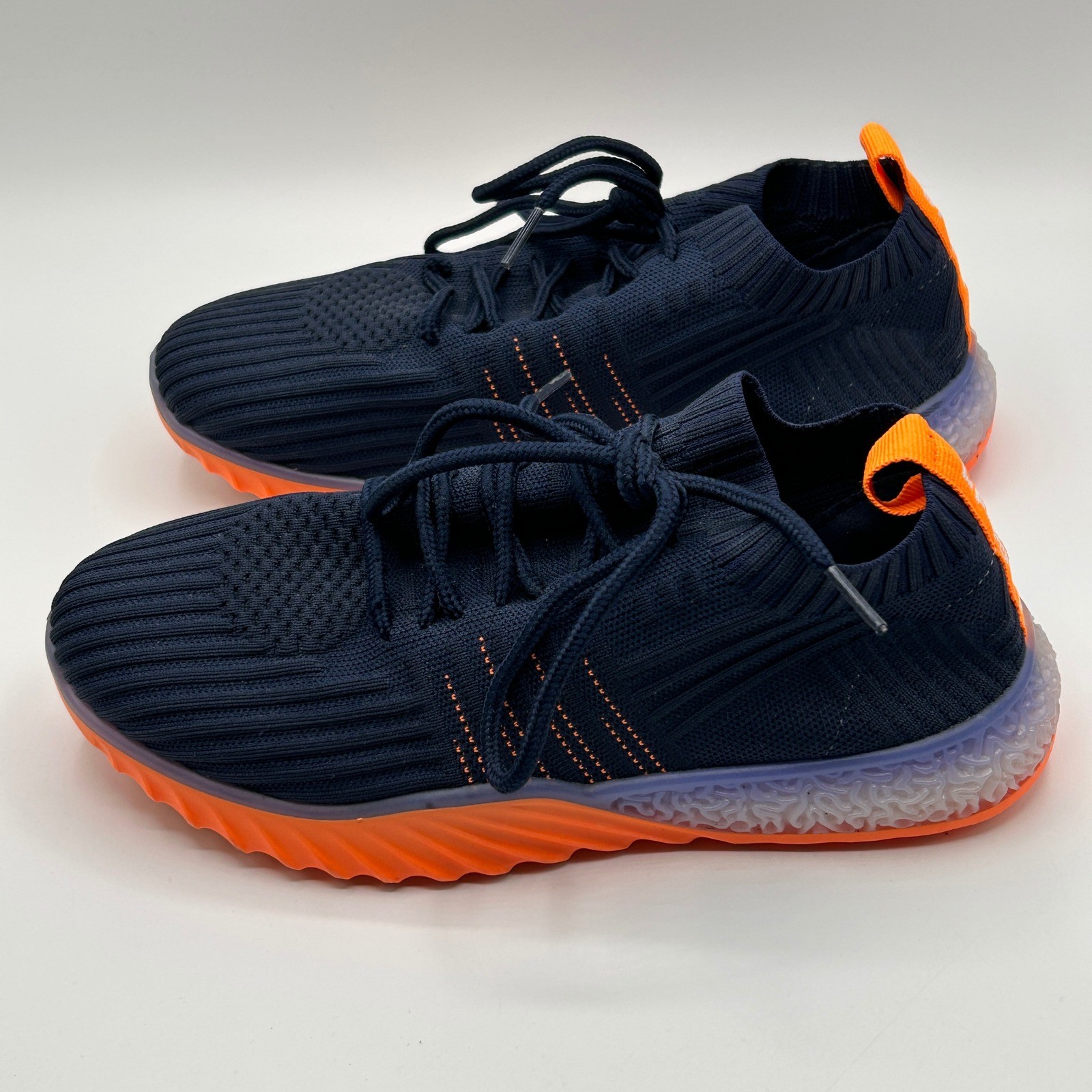 Danskin Positive Womens 7 Navy Blue Orange Neon Knit Vegan Athletic Sneakers