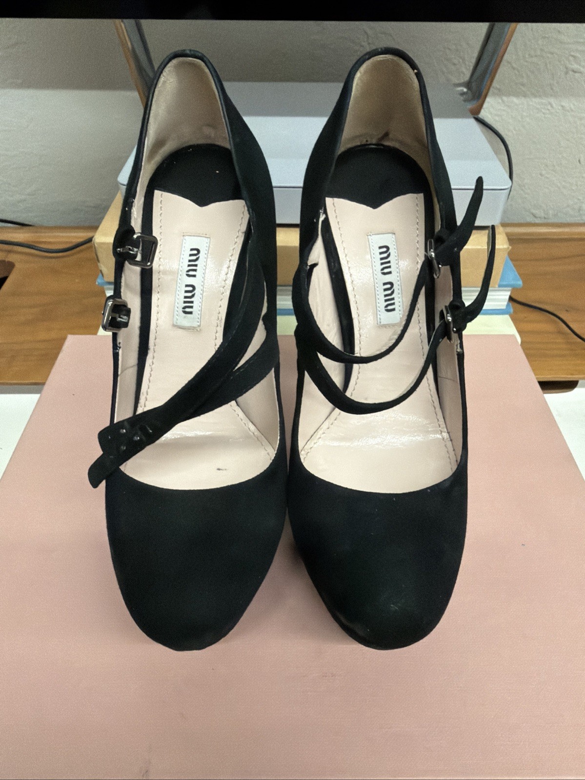 Miu Miu Black Suede Glitter Sole Mary Jane Heels, Size 36 With Box