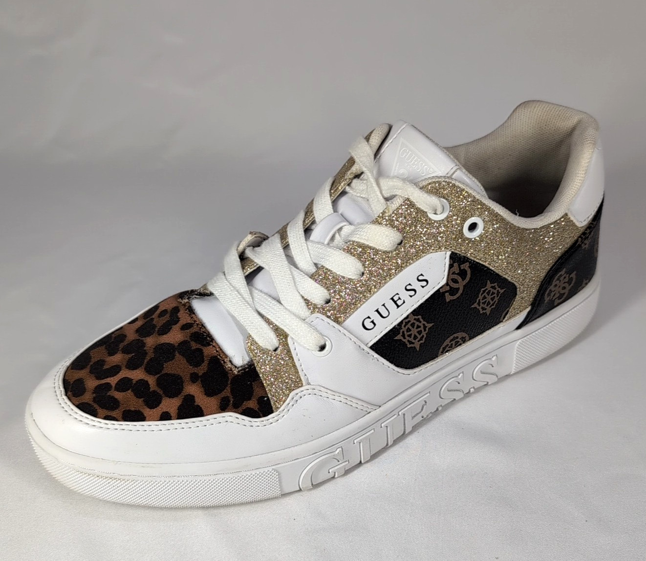 Guess Women 11M Sneakers Julien 2 White Brown Gold Logo Lace Up Faux Leather