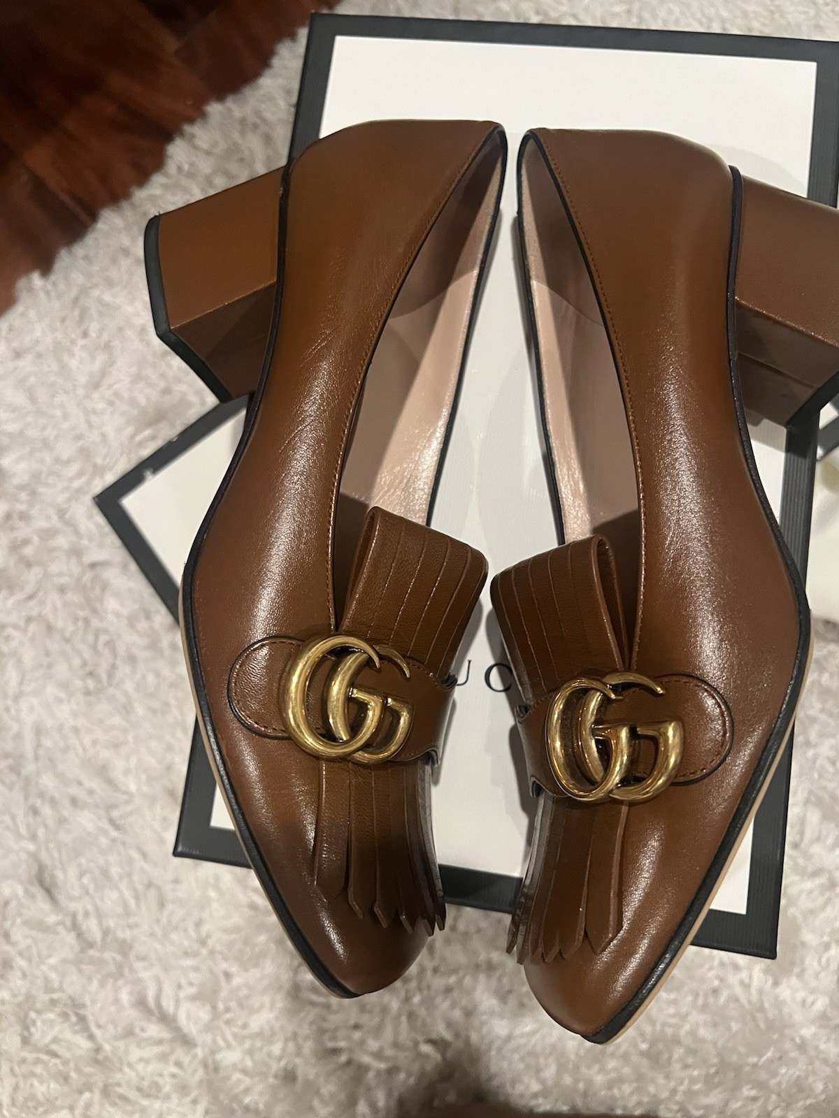 Gucci Dark Brown Marmont GG fringe 55mm block heel Loafer pumps EU39.5