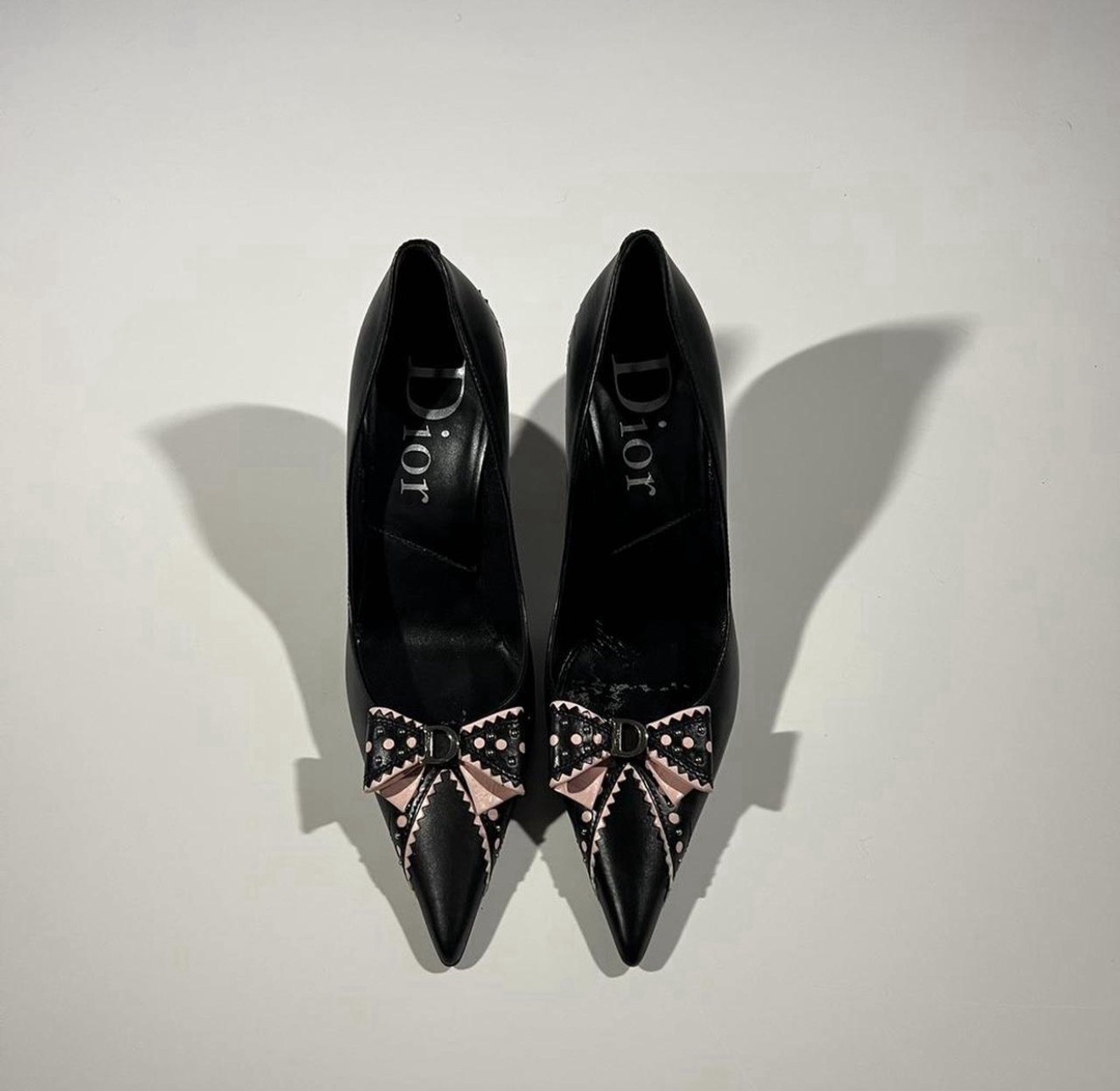 Dior Women’s Leather Pointed Toe Slip On Bow Stiletto Pumps Black Pink US 5.5