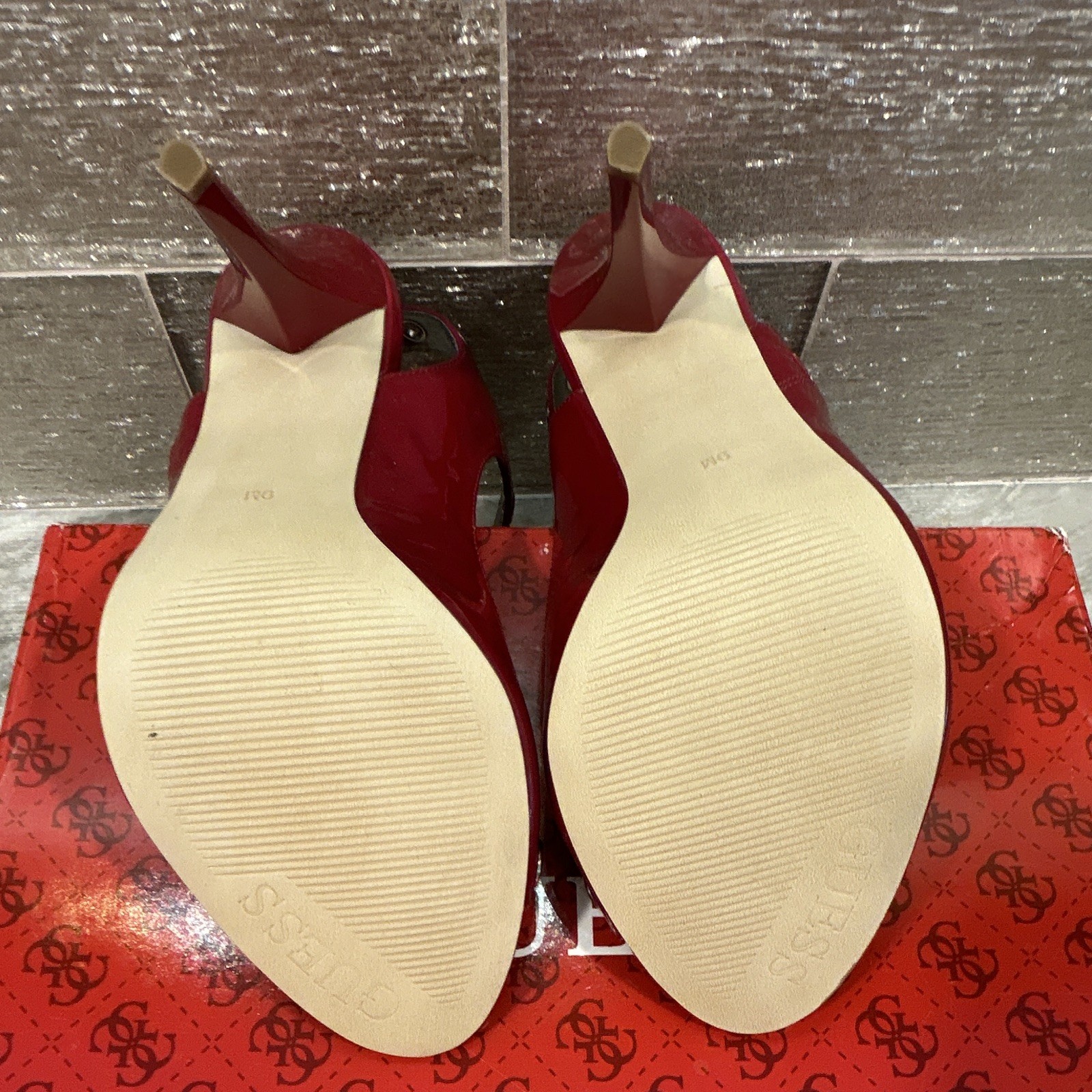 GUESS Red Patent Leather Studded Strappy Open Toe Zip Stiletto Heels 9 M