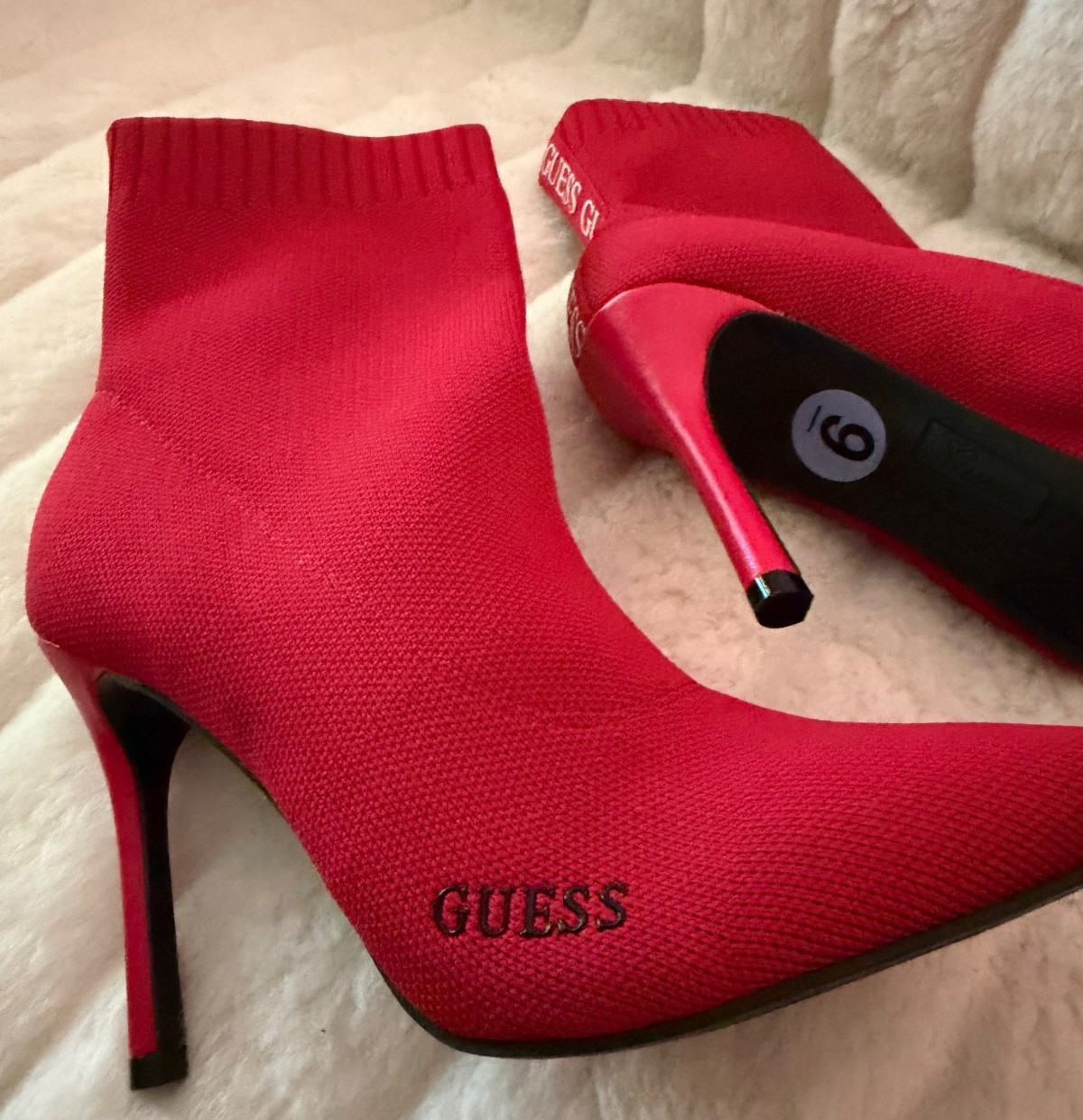 GUESS SIZE 9 Red Textile Upper Stretch Stiletto Logo Back Mid Calf Bootie NWOB