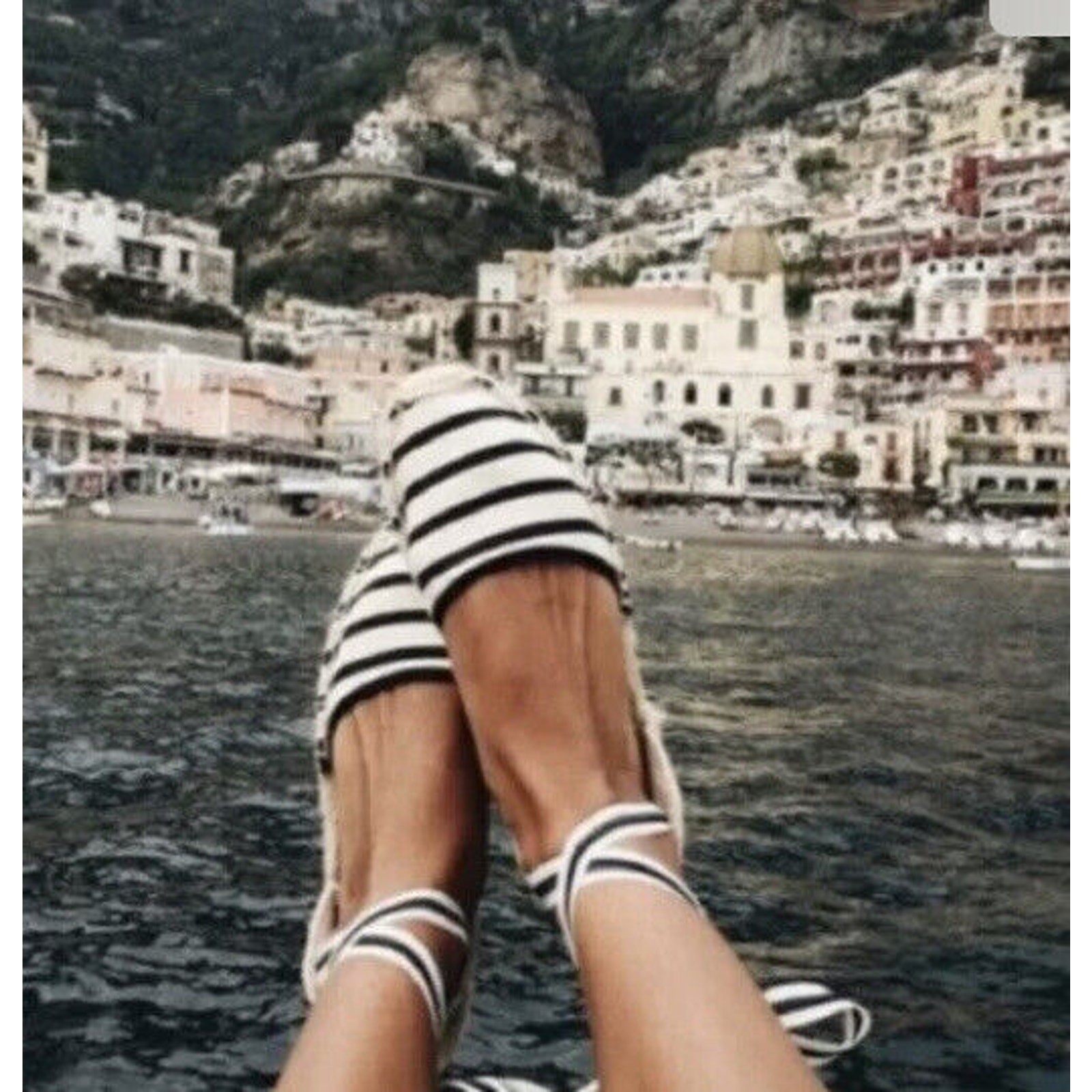 NEW SOLUDOS sz 6.5 Striped Ankle Tie Espadrille Sandals Natural/Black stripe Z22