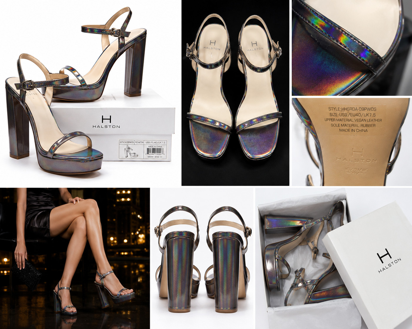 Halston Iridescent Platform Heels Pewter Metallic Strappy Sandals Size 9 NIB