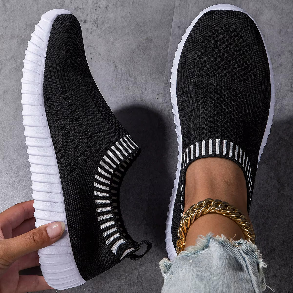 Womens Breathable Knitted Trainers, Lightweight Mesh Outdoor Shoes Casual