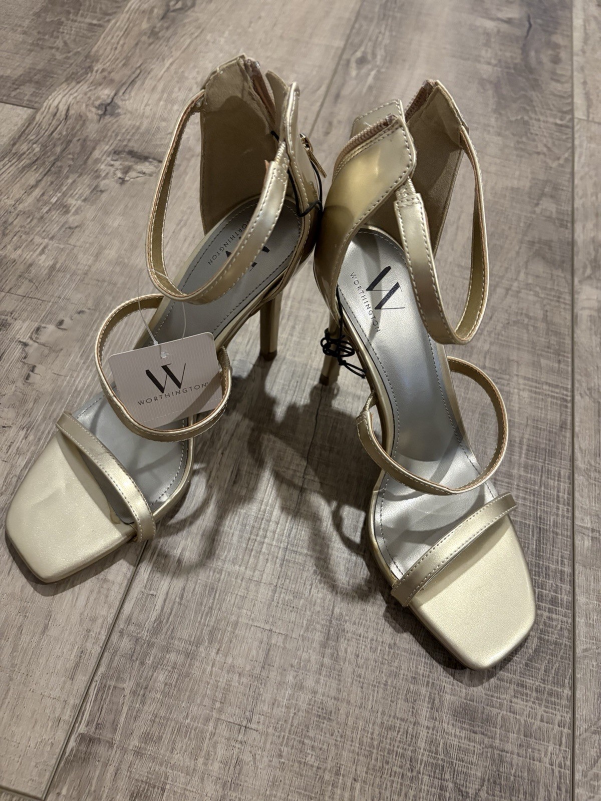 Worthington Women’s Gold Strappy Ankle Strap Buckle Square Toe Heels 7 M
