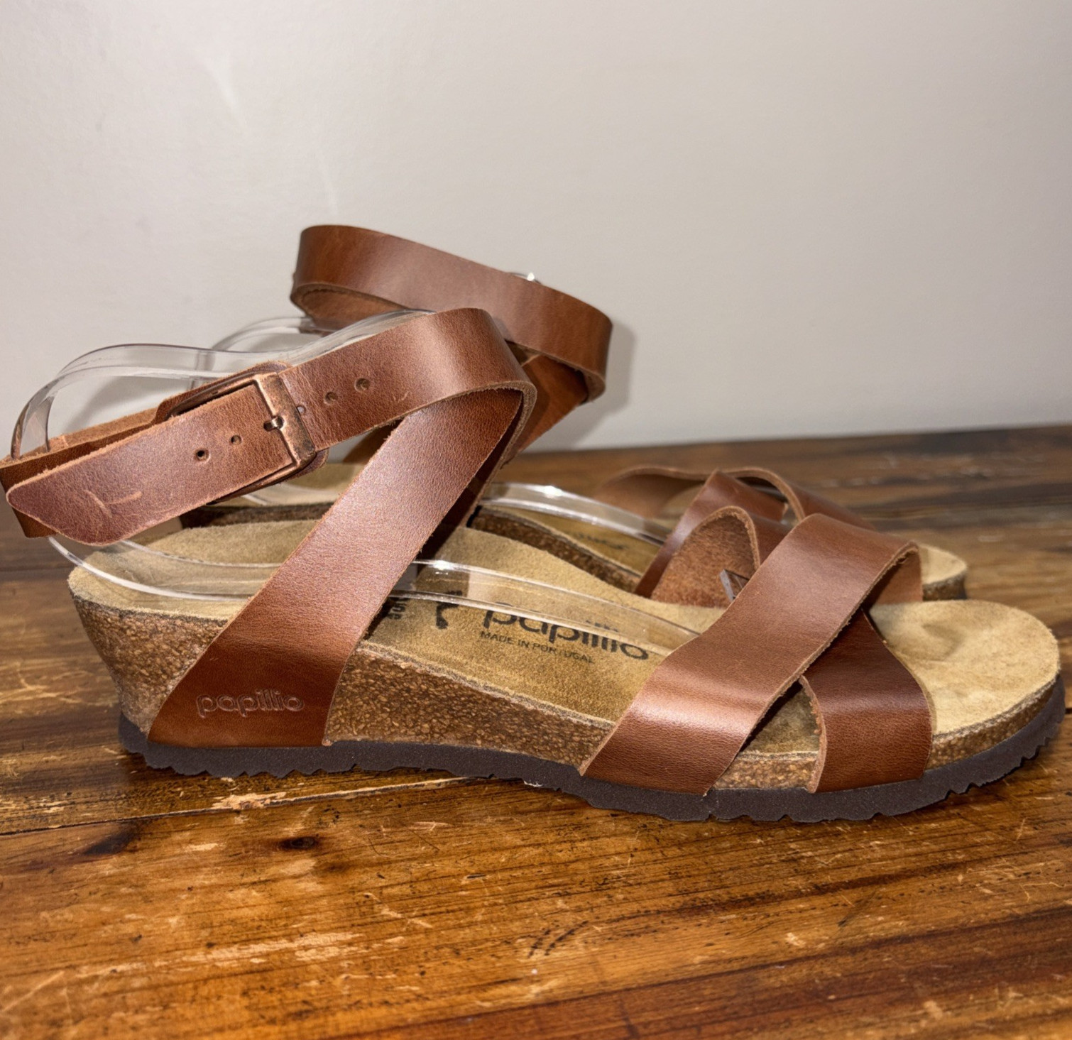 Birkenstock Papillio Lola Sandals Womens 38 7 Brown Leather Wedge comfort cork