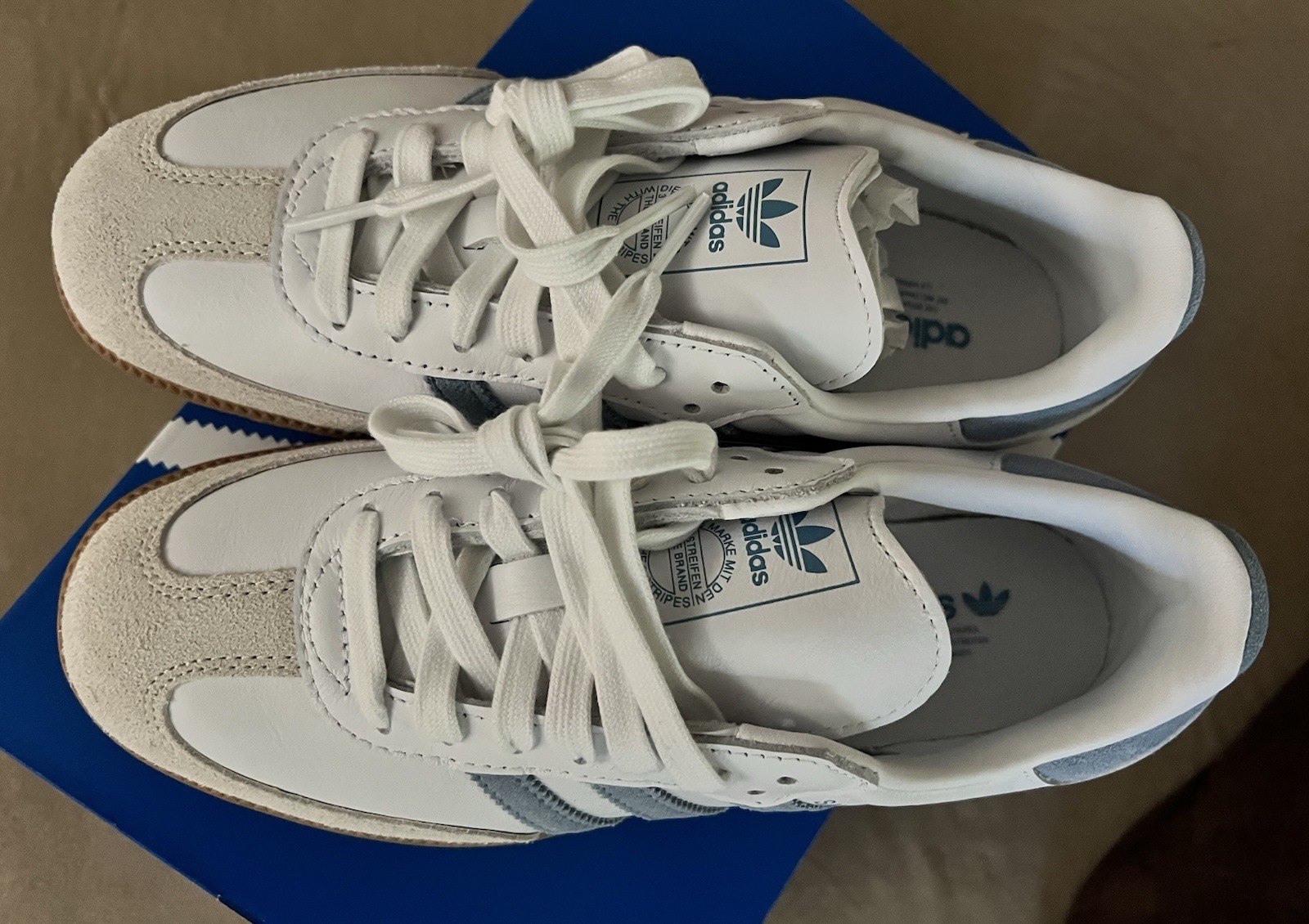 Women’s Size 6 Adidas Samba OG White Ash Blue Gum Sneakers Tennis Shoes SOLD OUT