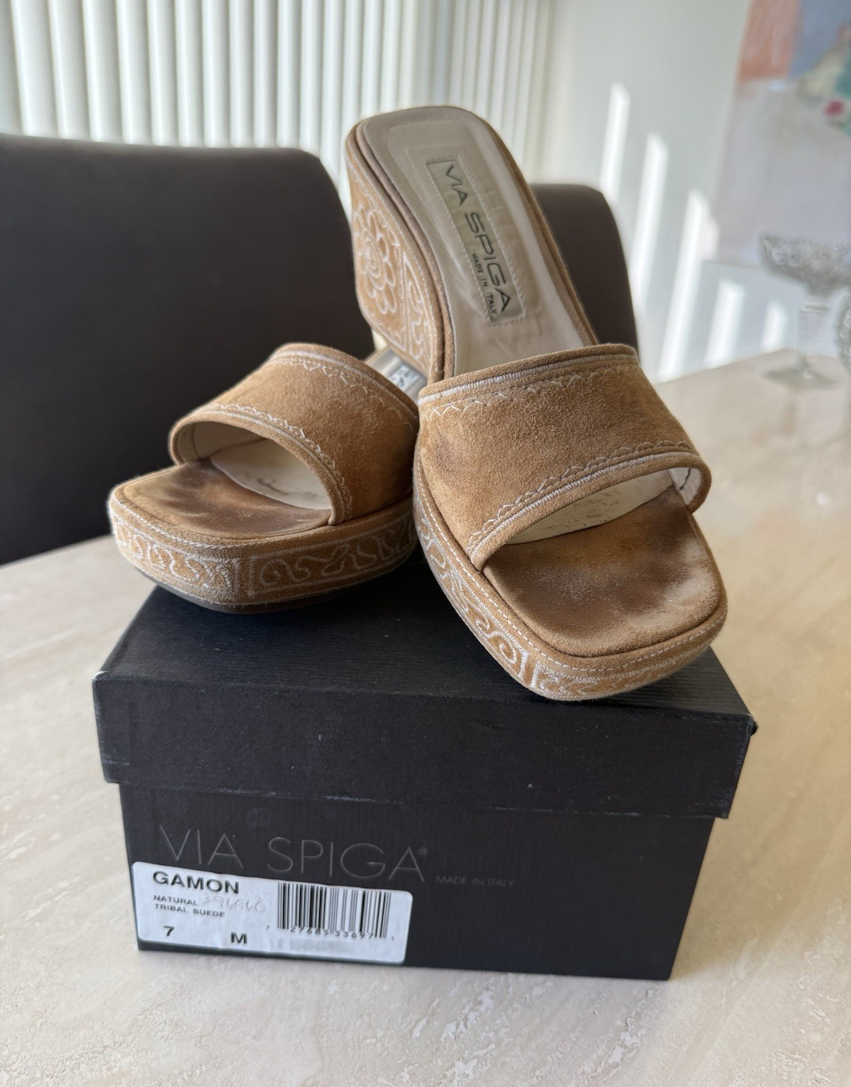 Via Spiga Brown Suede Embroidered Wedge Slide Sandals Women’s US 7 M Slip On