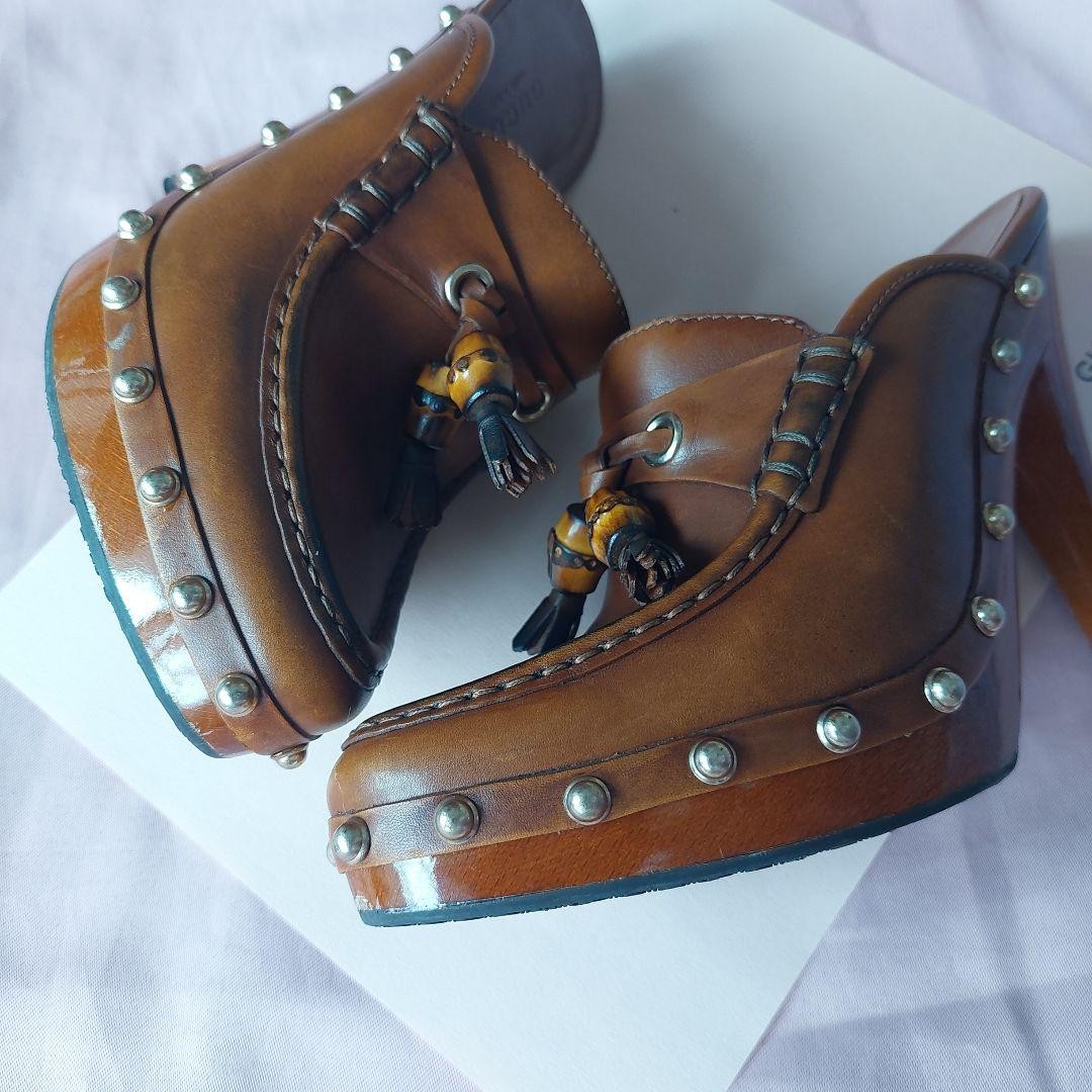 Auth GUCCI Studded Sabot Mules Bamboo Bit Wood Platform Heels Vintage IT35.5 US5
