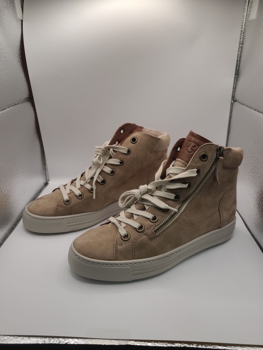 New Paul Green Wells High Top Sneakers Alpaca Cognac Combo Size 8 (US)