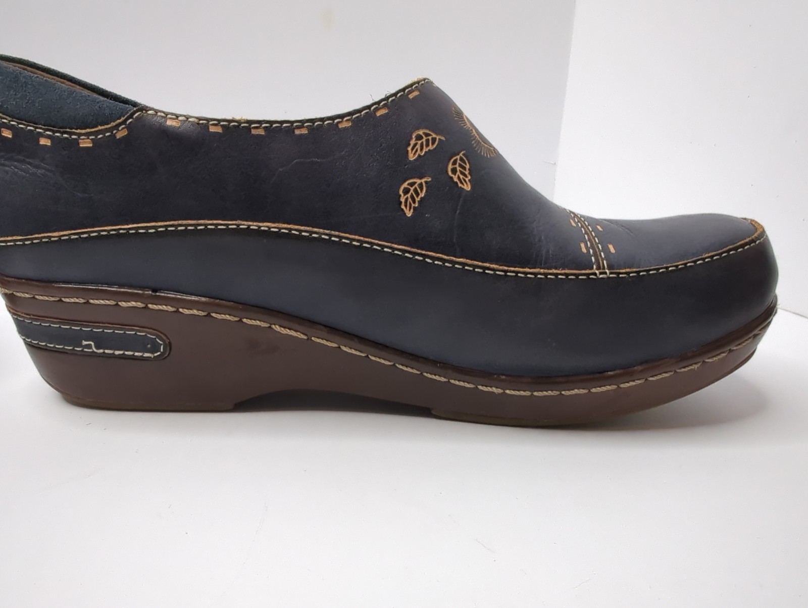 L’Artiste Spring Step Burbank Clogs 41 Mules Navy Blue Tooled Leather Boho 9.5