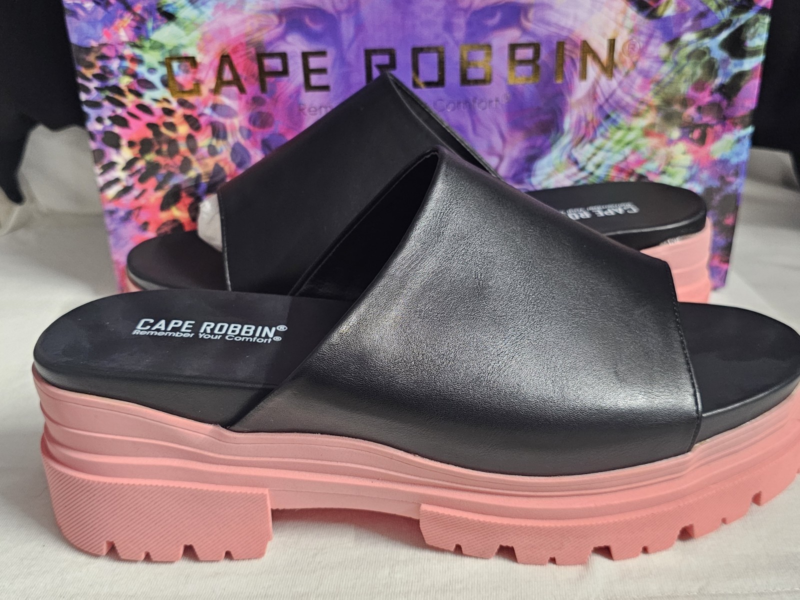 Cape Robin Mamo Open Toe Chunky Platform Sandals, Black/Pink Womens Size 11 New