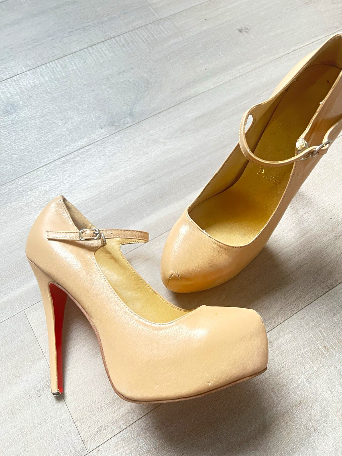 Beige Leather Platform Stiletto red Bottom Heels Ankle Strap Size 9.