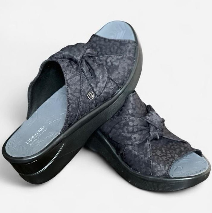 LifeStride BZees Air Step Black/Gray Animal Print Wedge Slide Sandals US 10 W