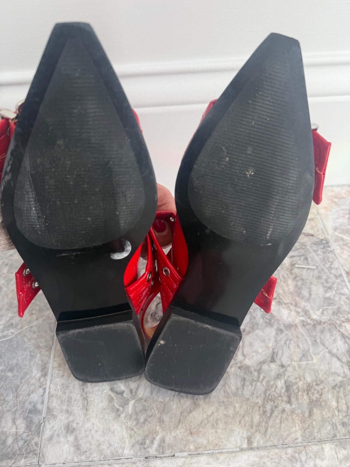 Steve Madden Graya Red Patent Leather Slip ons with Silver Grommets 7 M