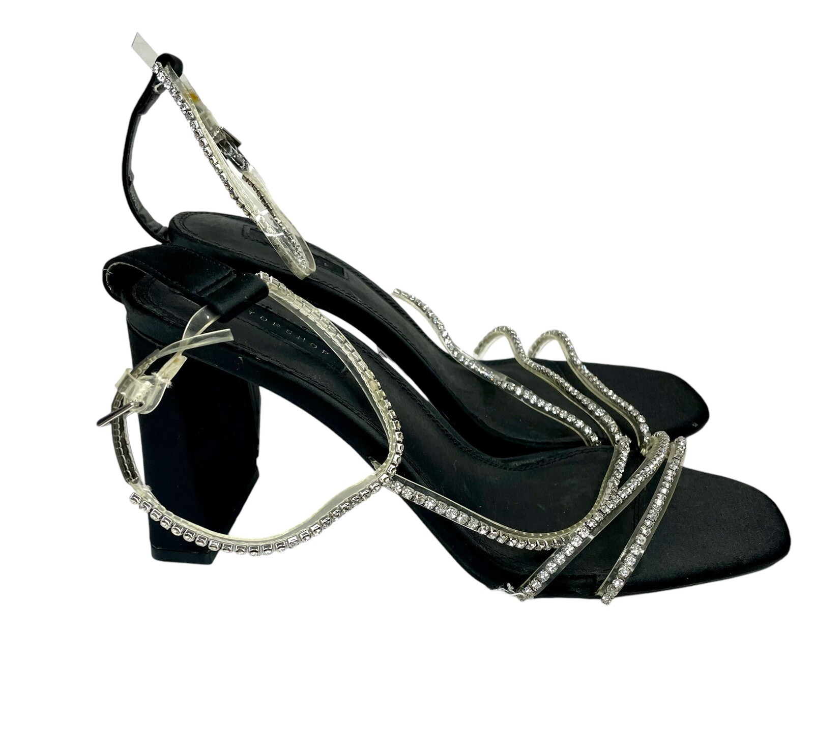 Topshop Black Satin Block Heel Rhinestones Embellished Straps SZ 42 EU NEW SH03