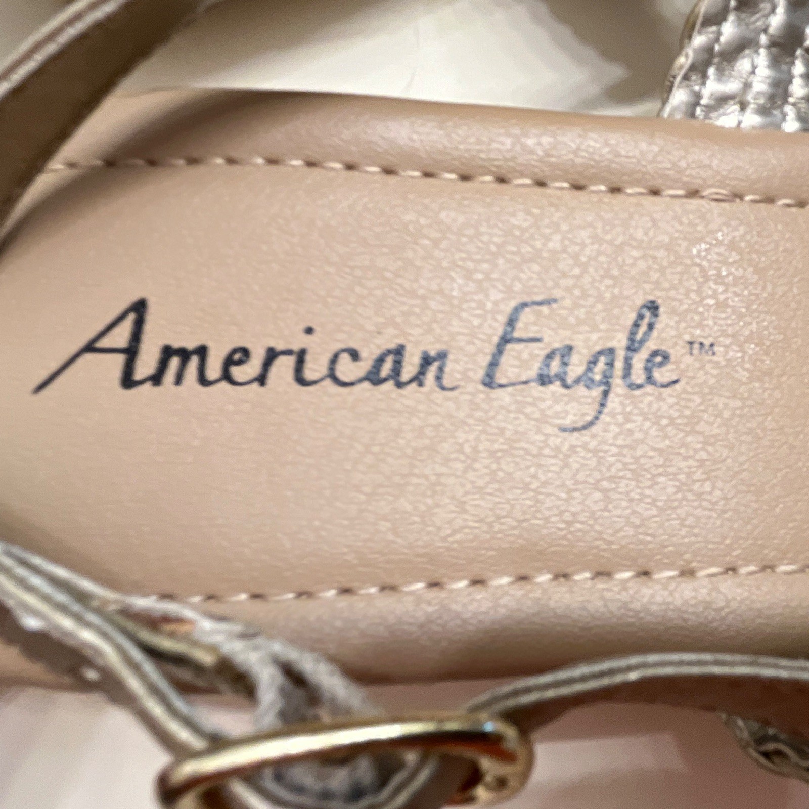 American Eagle Women’s Braided Thong Wedge Sandals Ankle Strap Beige/Silver 8.5