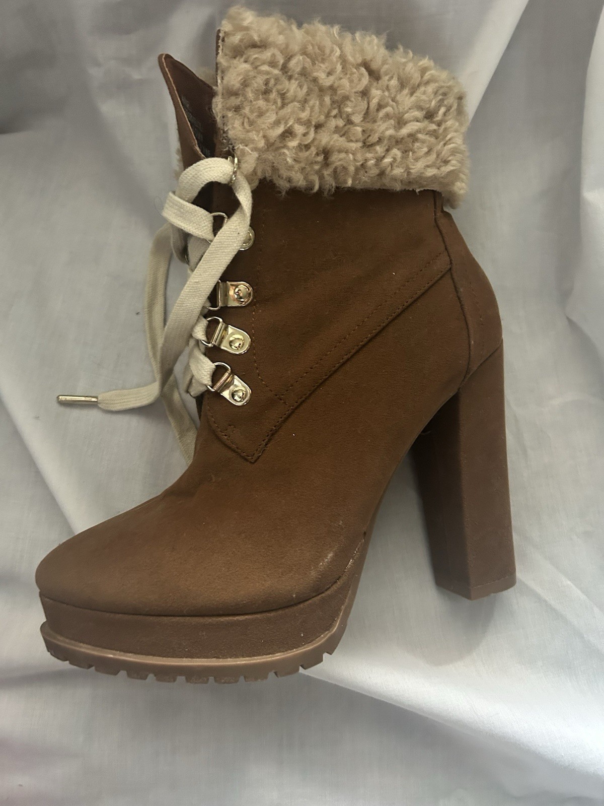 Women’s Shoedazzle Anneli Size 6 Cognac Furry Platform Lace Up Bloc Heel Bootie