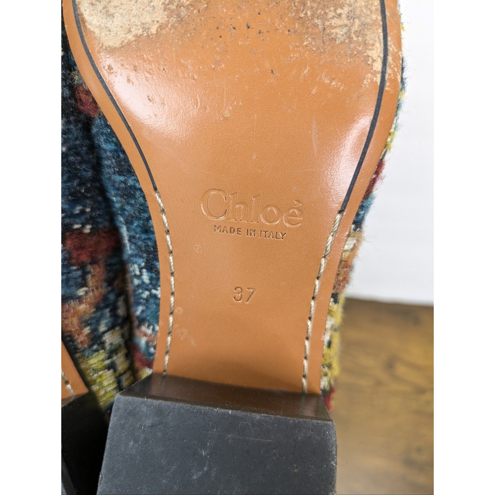 Chloe Kooper Tapestry Tweed Block Heel Loafers Pumps 37 US 7 Textile Brocade