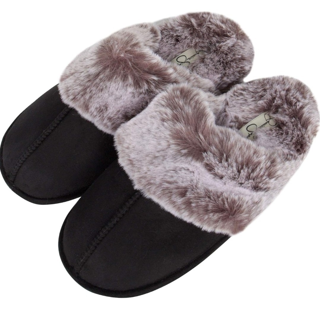 Jessica Simpson Women’s Black Faux Fur Slippers Size XL 9-10 Memory Foam