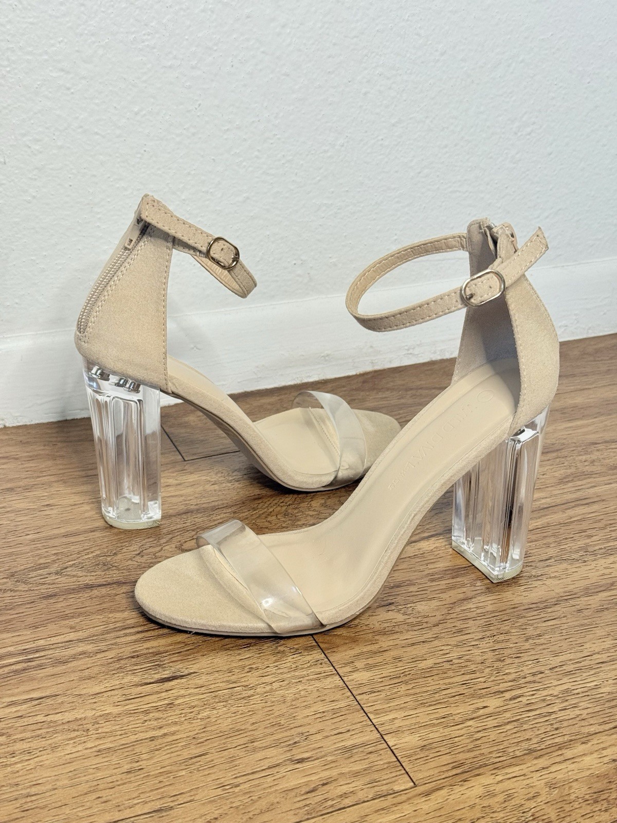 Wild Diva Lounge Beige Clear PVC Faux Suede Strappy Ankle Strap Buckle US 7