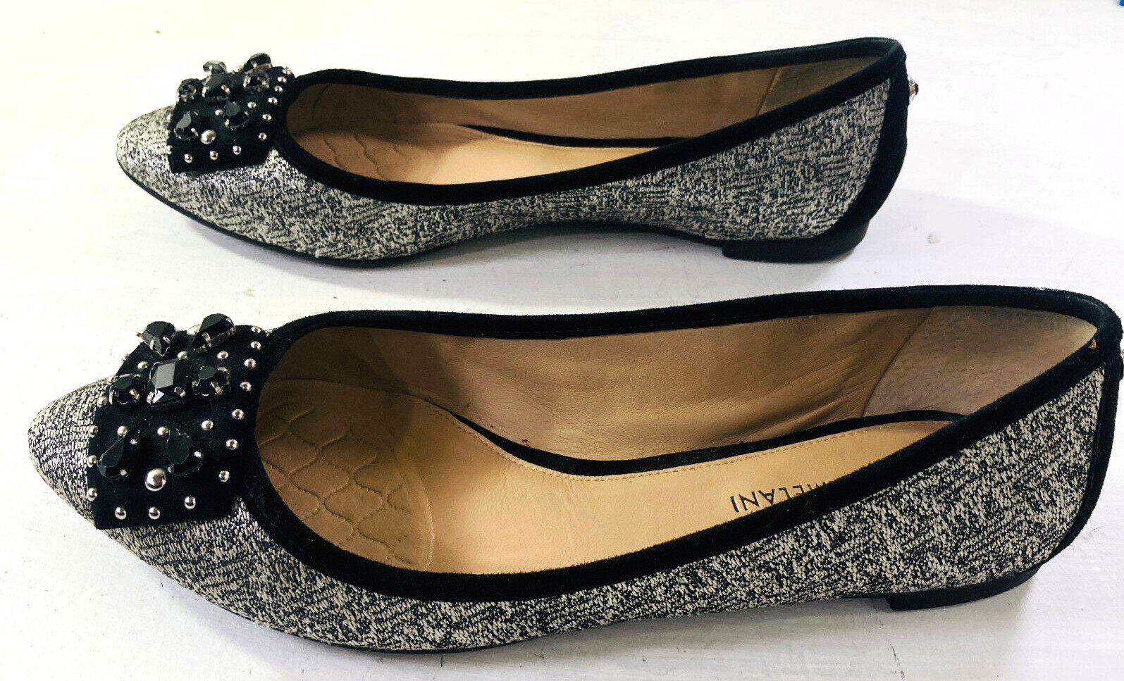 Antonio Melani Black & Silver Flats Silver Studs & Large Black Rhinestones Sz 9