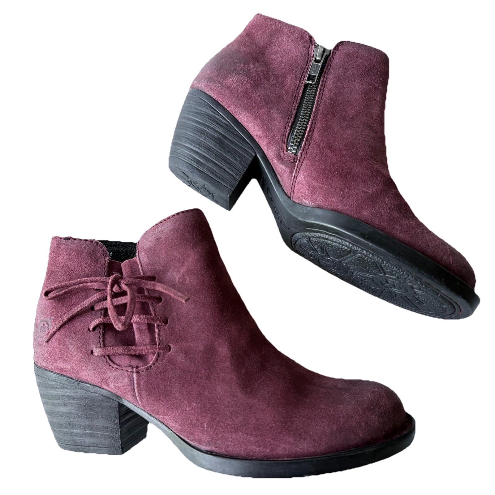Born Women’s Sz 6M Ankle Boots Booties Shoes Burgundy Distressed Suede Zip Up
