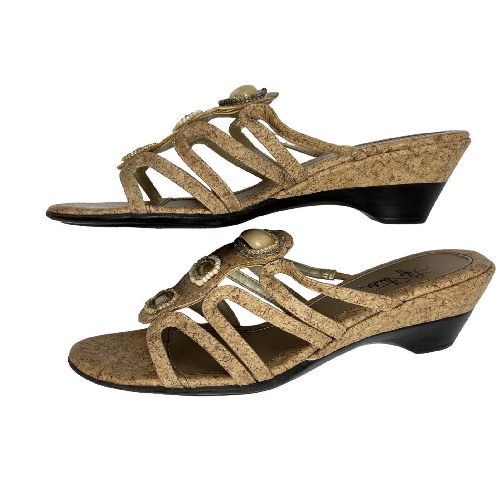 Life Stride Sandals Womens 9.5 Beige Urban Cork Wedge Strappy Slide