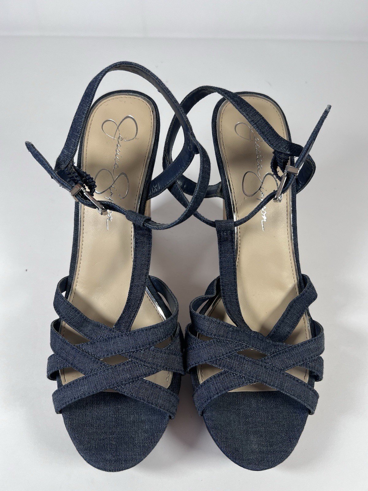 Jessica Simpson Javawn Denim Cork Wedge Sandals Women’s Size 7.5 M Strappy Blue