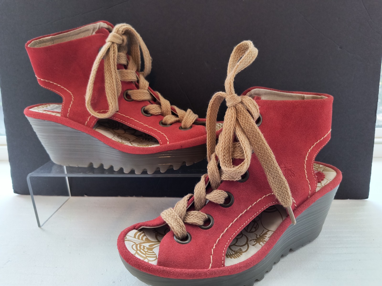 Fly London Yaba Red Suede Lace Up Wedge Sandals Women’s Size EU 37 US 6- 6.5