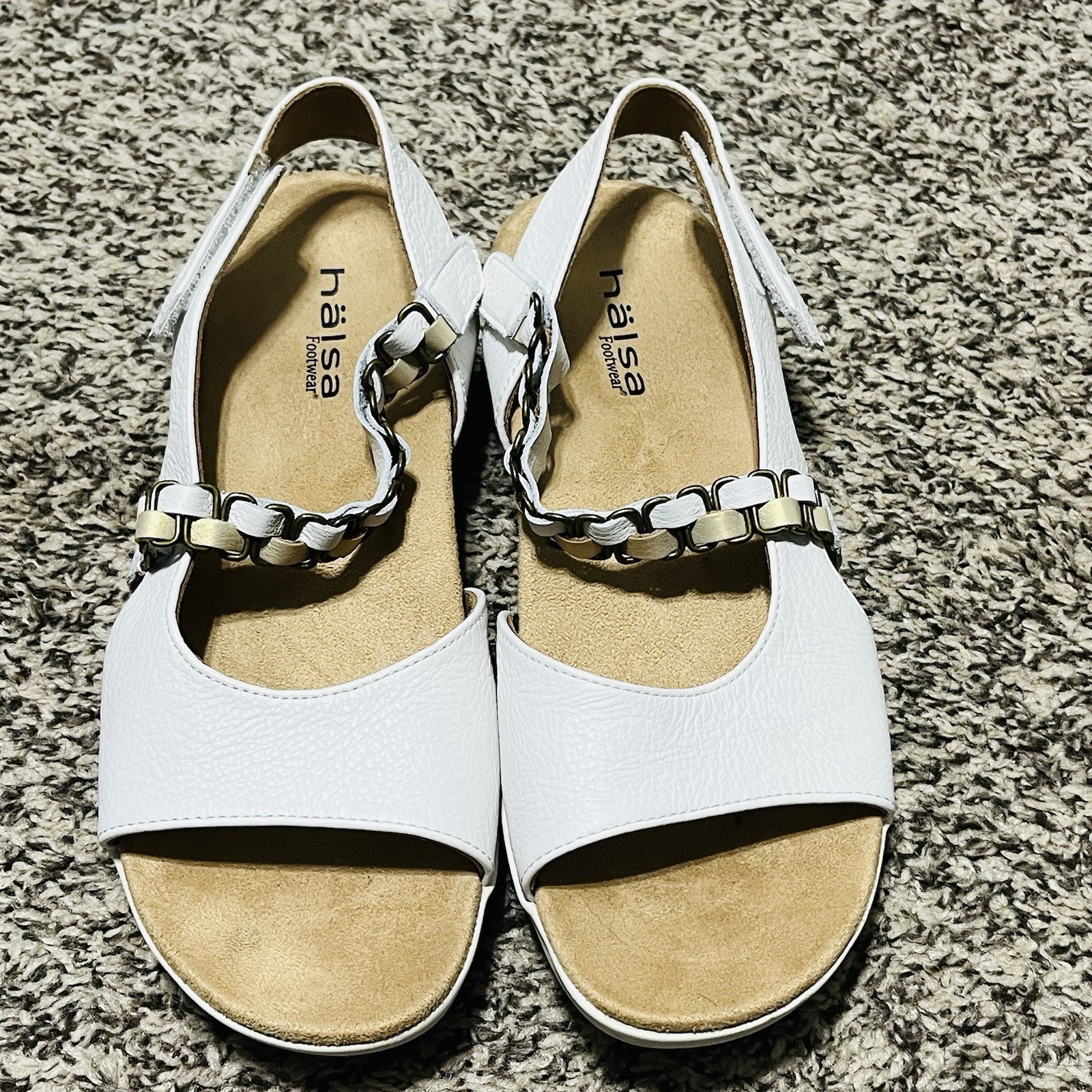 hälsa Footwear White/Beige Strappy Leather Wedge Sandals Hook & Loop US 10