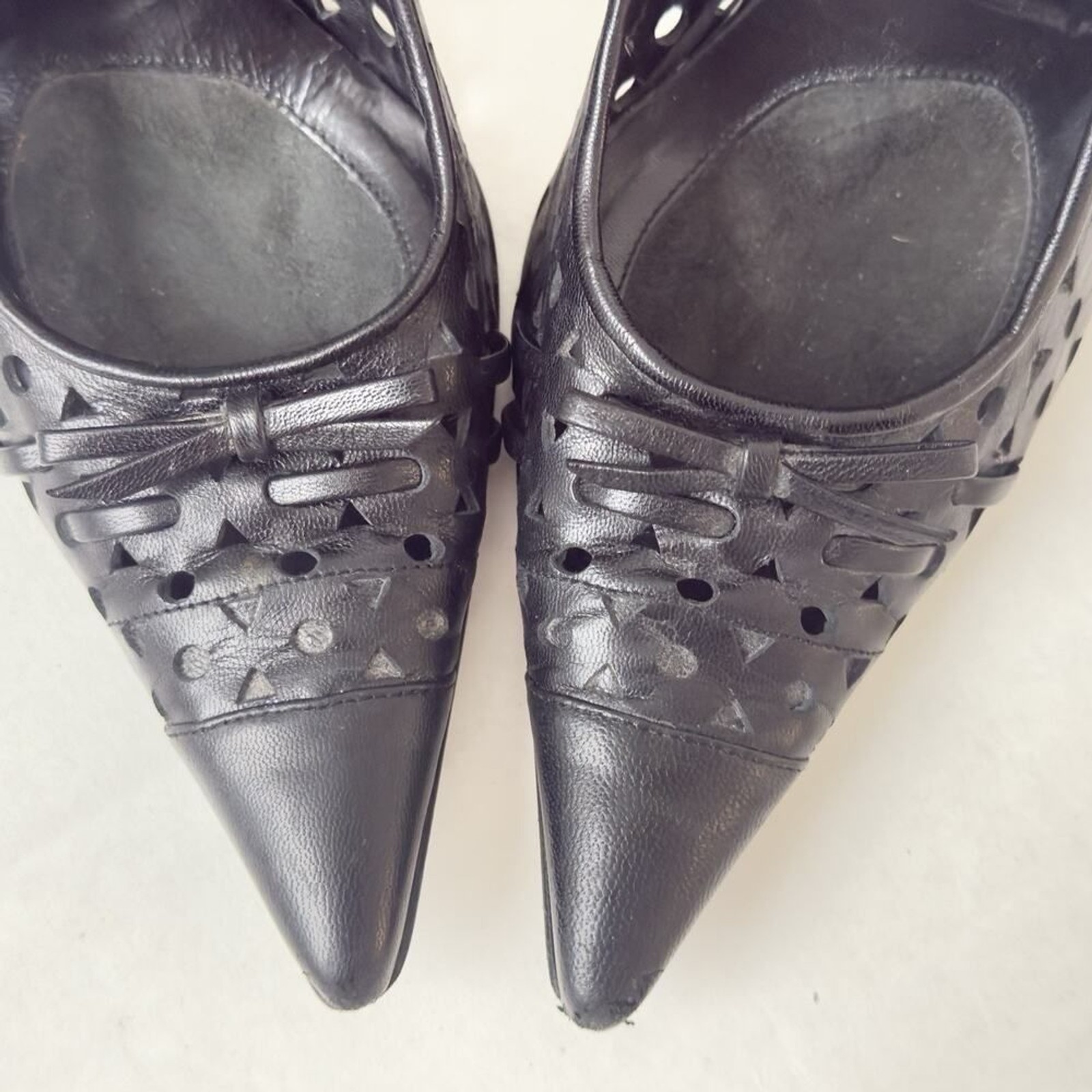 Vintage Via Spiga 8M Made in Italy Pumps Stiletto Black Leather Cutout Bow Y2K