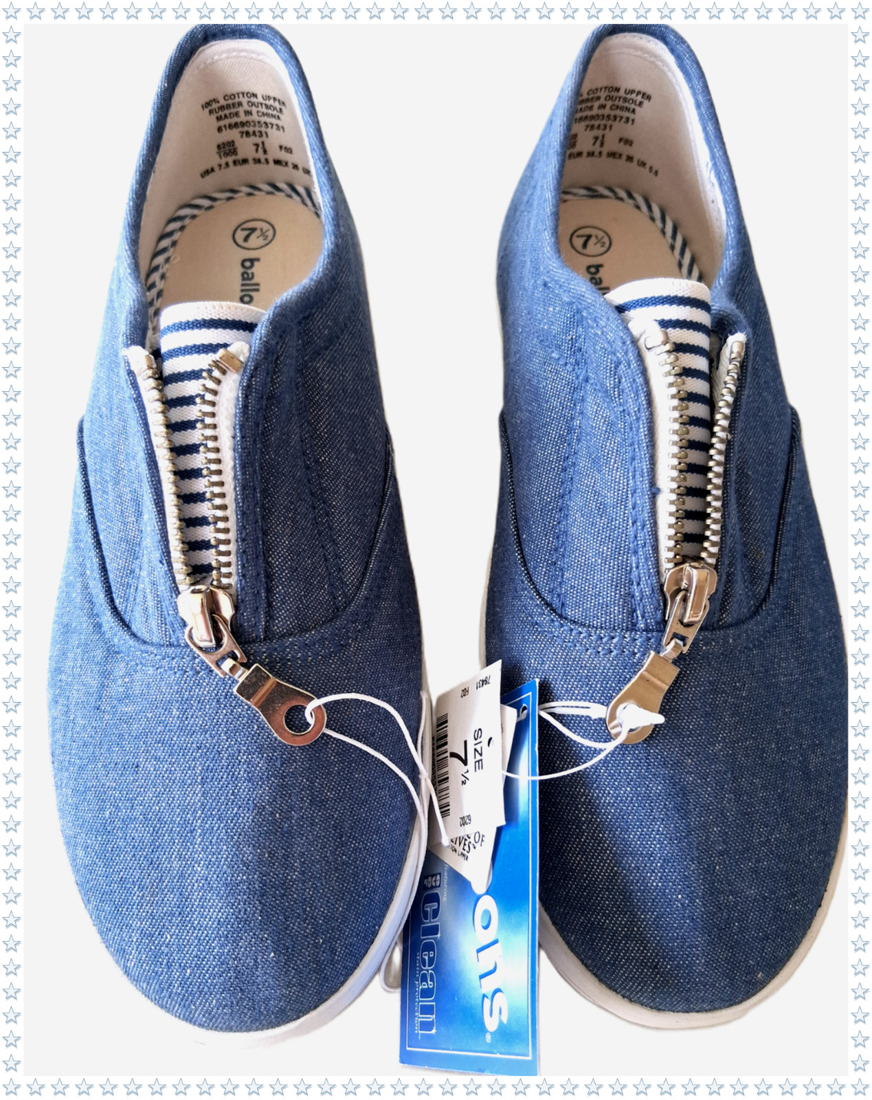 Balloons Women Blue Canvas Oxford Comfort Sneakers 7.5, Cotton Fabric Front Zip