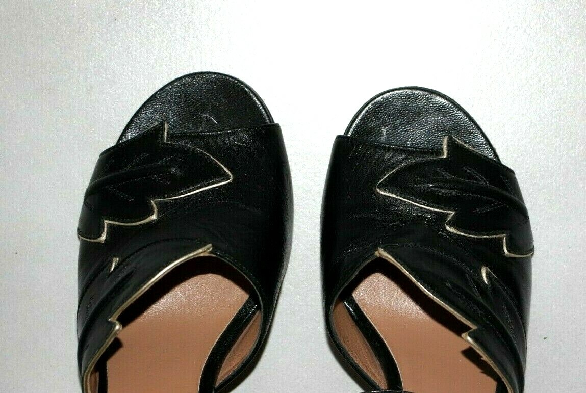 LAURENCE DACADE Rita Embossed Black Gold 3.5″ Heel Sandals sz US 6/IT 36 $810