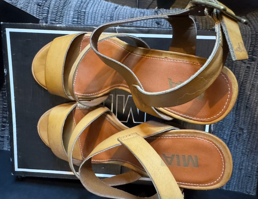 MIA Women’s Irris Tan Faux Leather Strappy Sandal w/ 4.25″ heel, Size 8.5 M