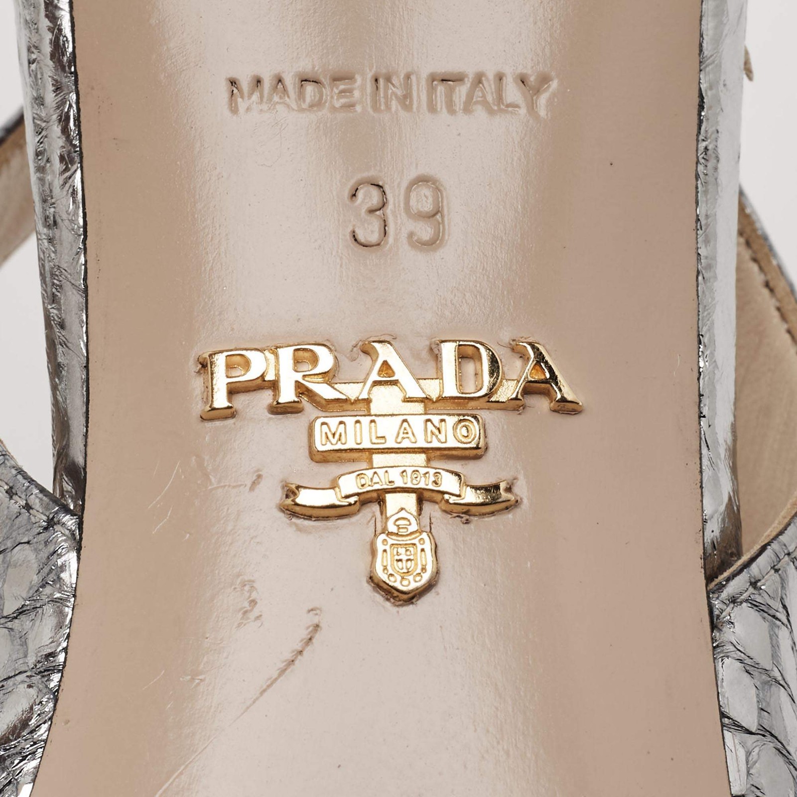 Prada Size 39 Metallic Silver Snakeskin Embossed Leather Crystal Embellished