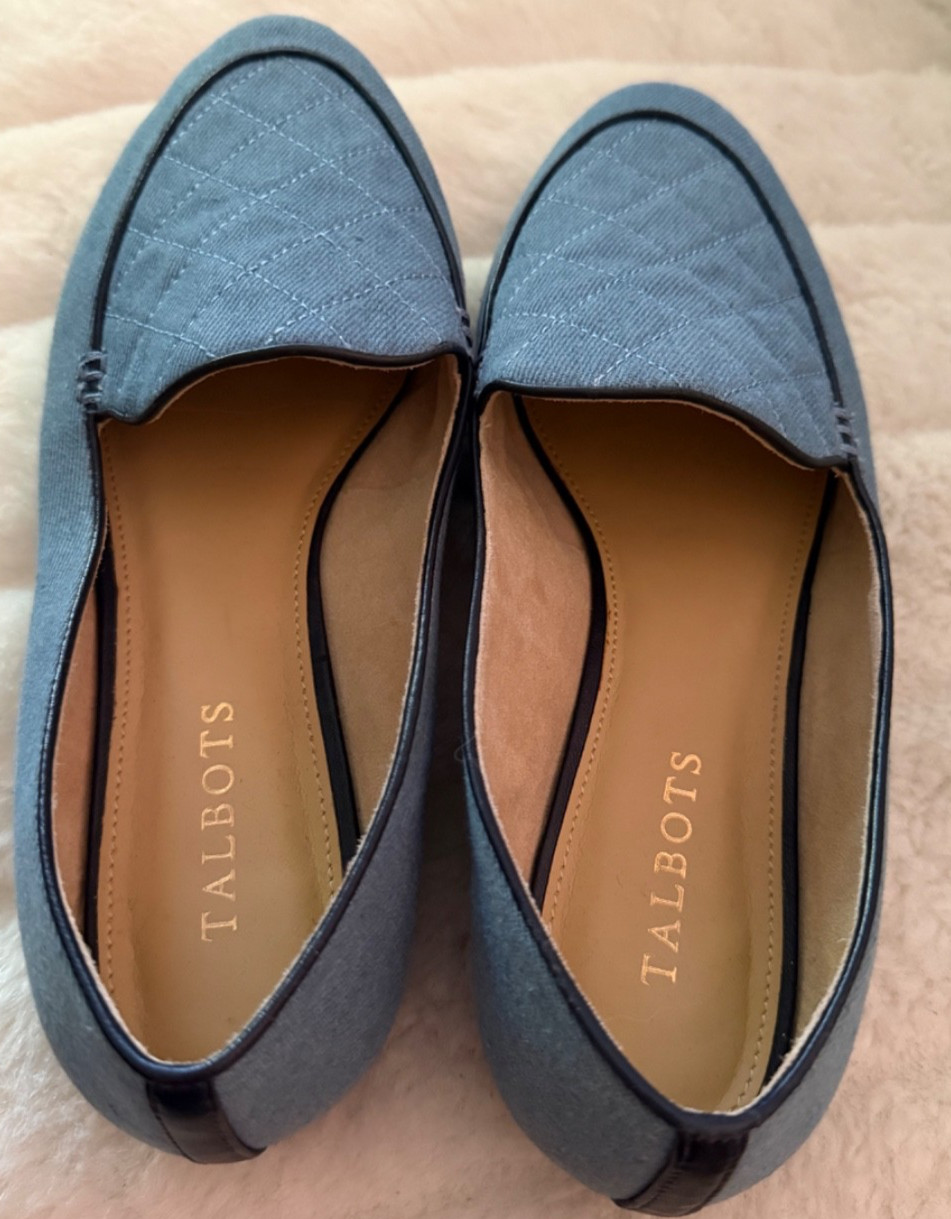 TALBOTS SIZE 9.5 Blue Denim Leather Lined Quilted Dark Trim Loafer Woman Sip On
