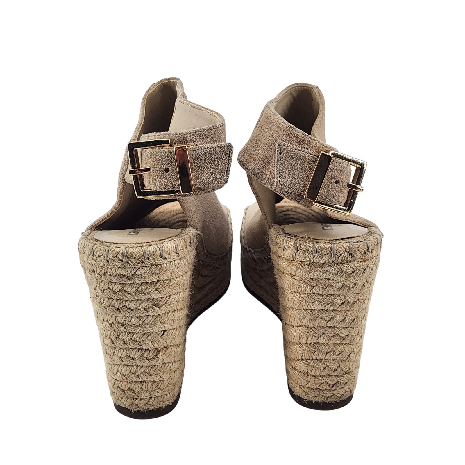 Kenneth Cole Odette Wedge Sandals Women 7.5 Tan Suede Espadrille Peep Toe Boho