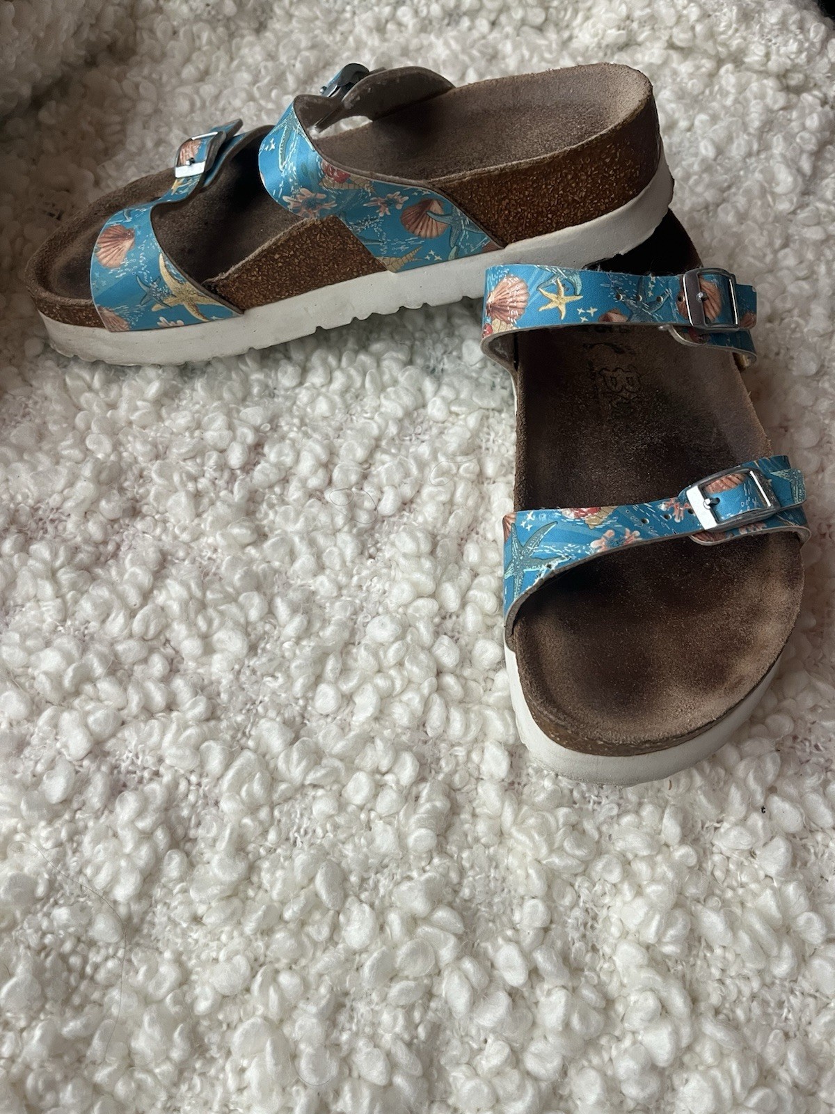 Birkenstock Blue Floral Starfish Two-Strap Buckle Slide Sandals US W 7-7.5