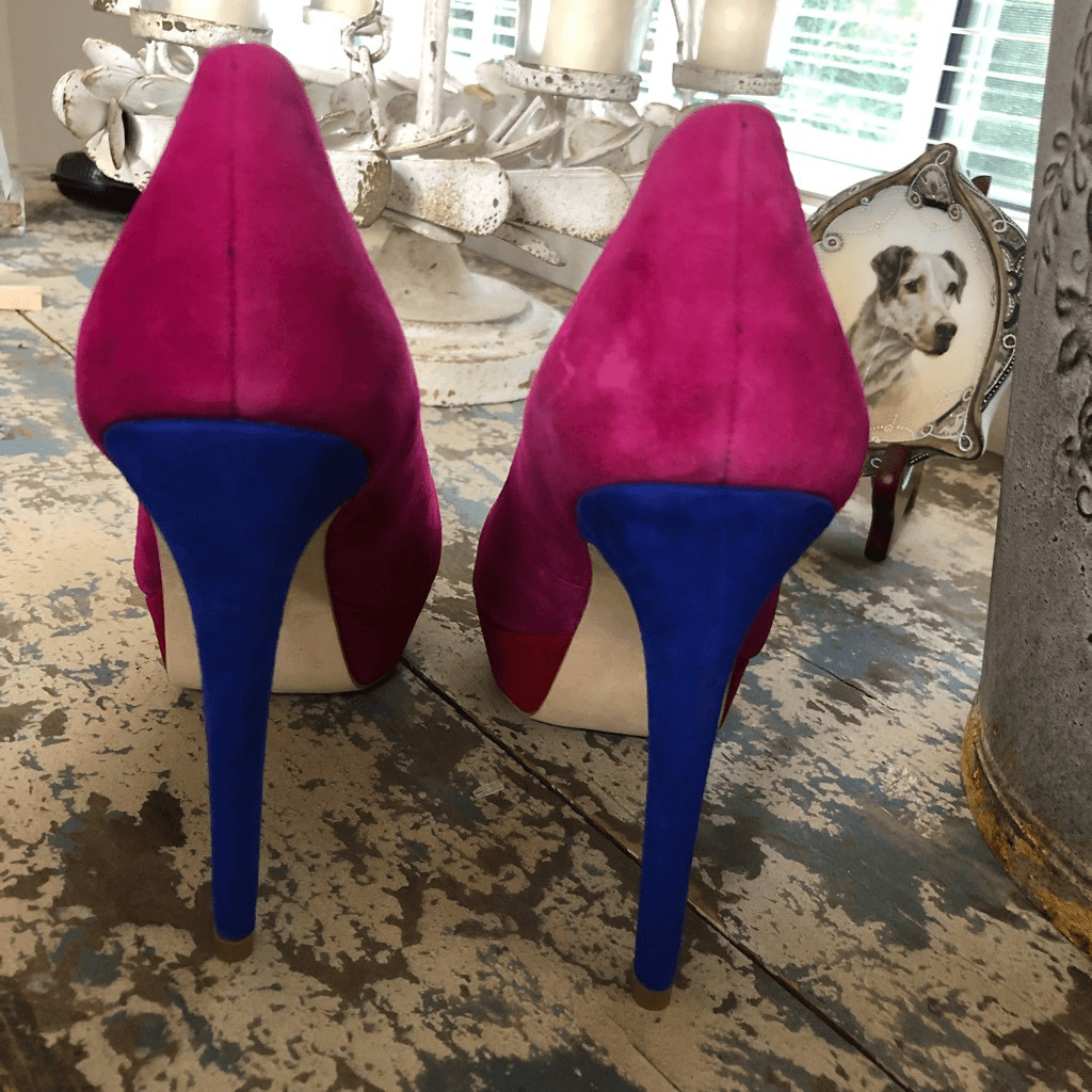 NEW Footcandy Crissy Fuchsia, Red and Blue Kid Suede Platform Heels NIB