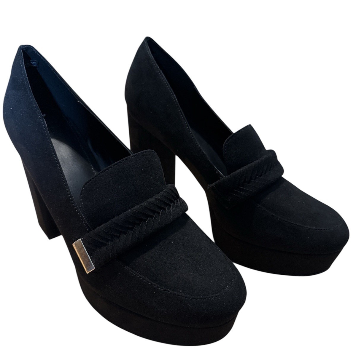 Just Fab Adele Braided Loafer Platform Court Shoes 4” Heel Faux Suede 9.5 Black