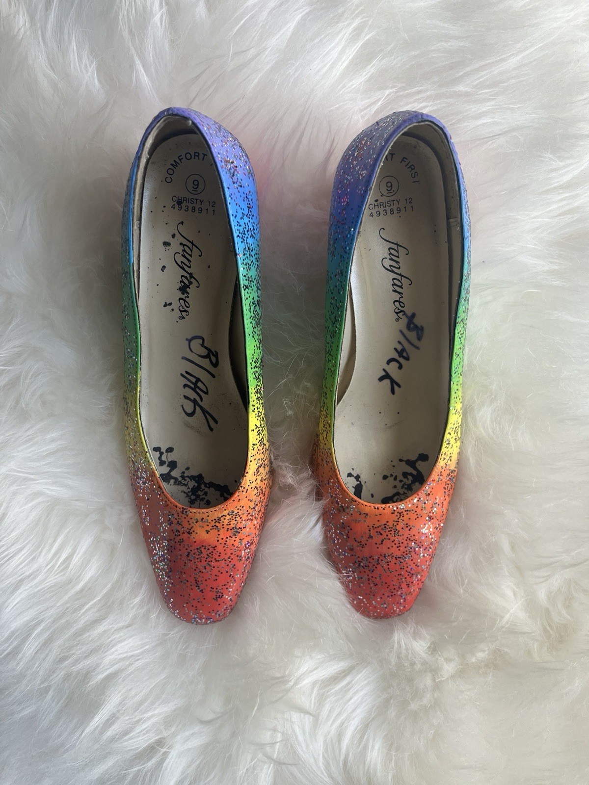 Upcycled Painted And Bedazzled Neon Rainbow Gradient Glitter Block Heels