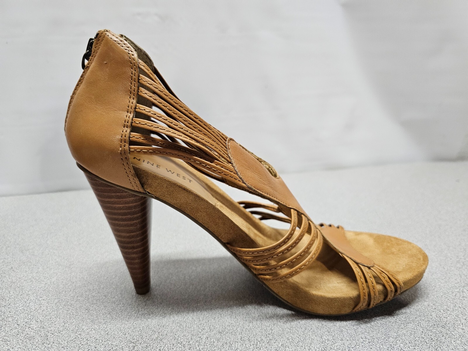 Nine West Womens Size 7 Brown Leather Pumps 3.5″ Cone Heels Strappy Open Toe