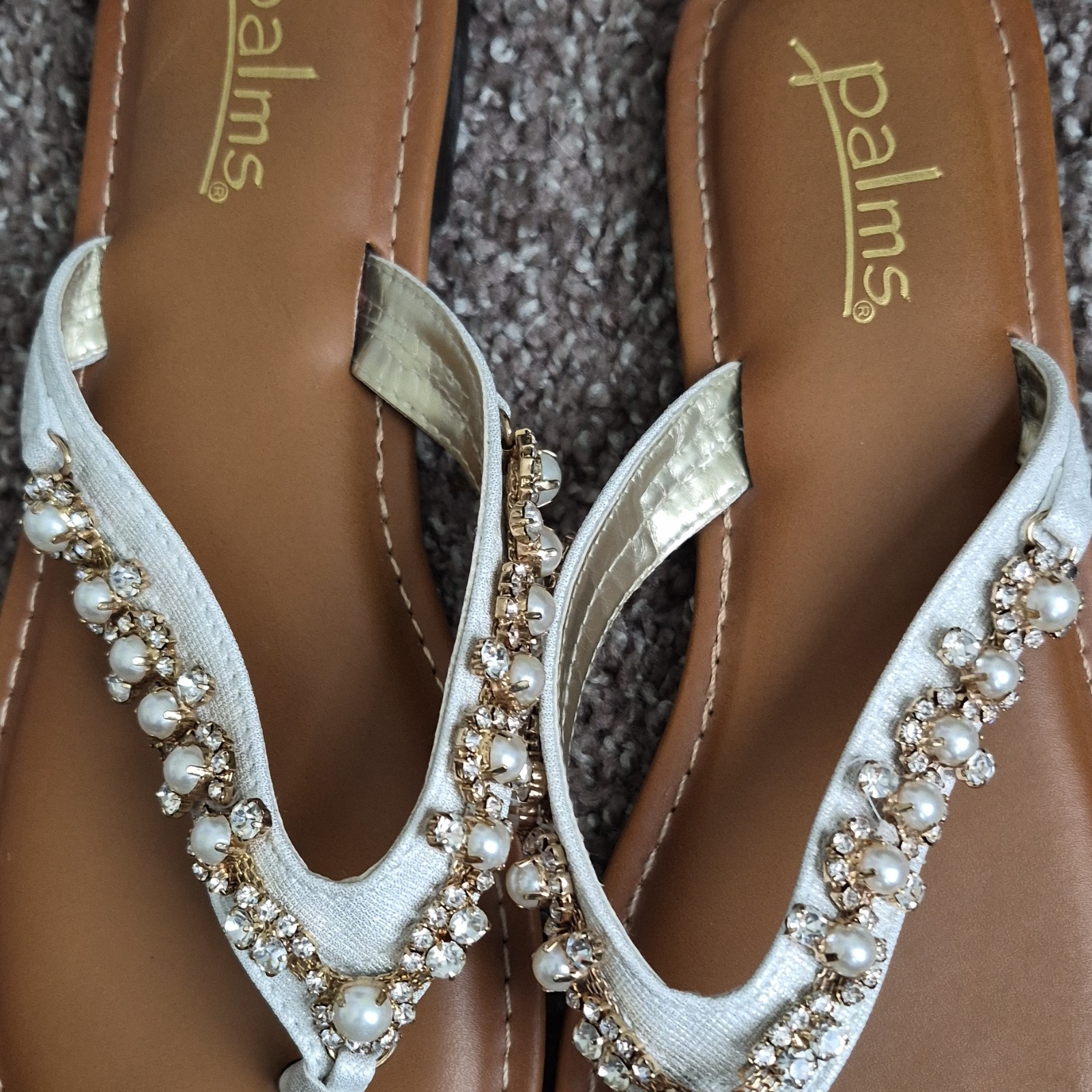palms Beaded Rhinestone Slip On White Straps Thong Sandals for Women