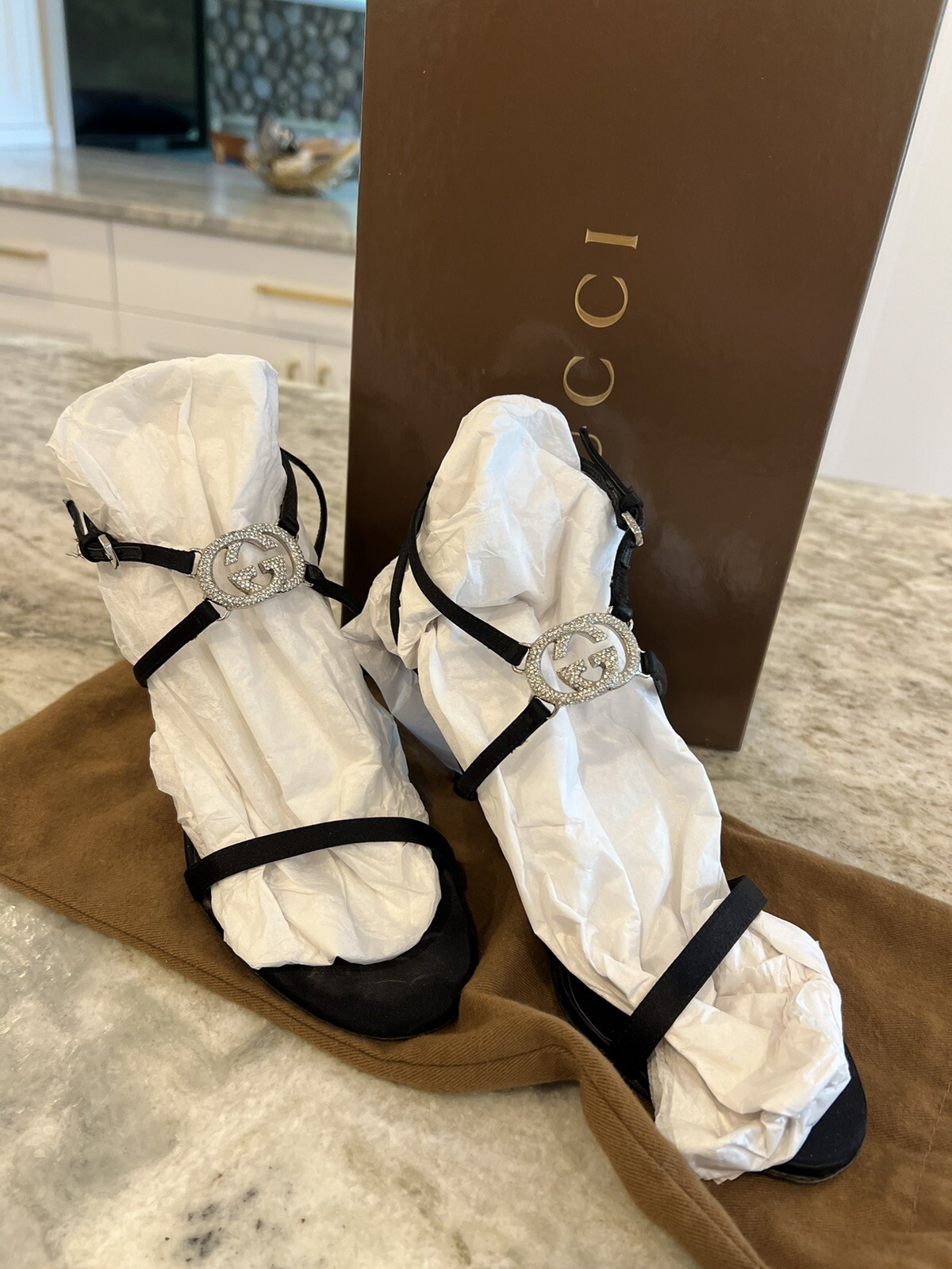 Authentic Gucci Sandals, Crystal GG logo, Black Satin, Size 36.5, Gorgeous!